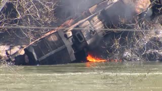 Emergency crews on the scene following a train derailment in Sandstone, West Virginia