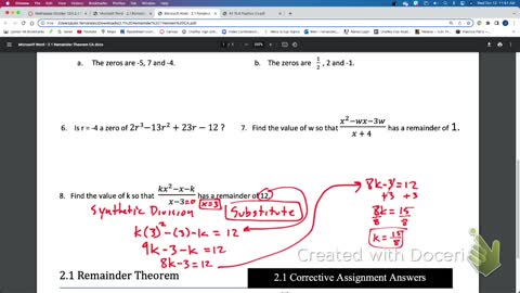 IM3 Alg2 CC 2.1 Remainder Theorem (Synthetic Division)