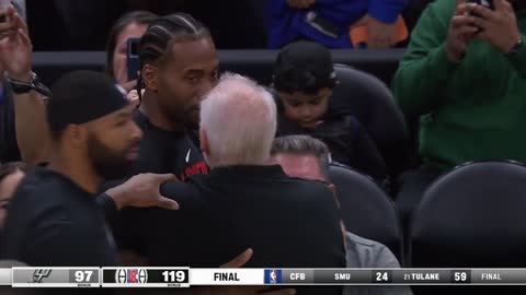 Kawhi Leonard and Gregg Popovich share a moment after Clippers vs Spurs