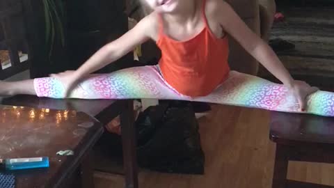8 year old doing the splits with a red dobberman