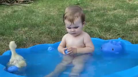 Baby playing with duckling in the pool