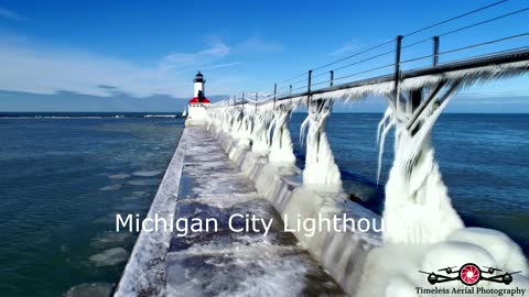 Amazing Frozen Lighthouse Tour Music Video 4K Part 3 Michigan City, Grand Haven, Manistee Drone Shot