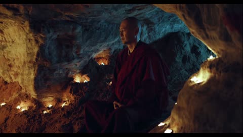 Monk meditating in a cave by the sea