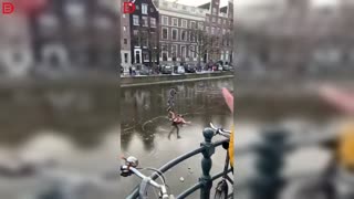 Man skates on ice in his underpants in Amsterdam