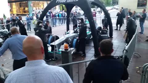 Nico Rosberg racing through Frankfurt in F1 Car