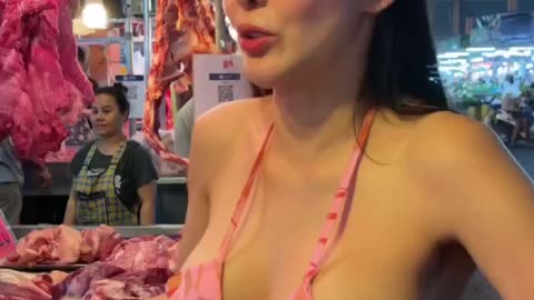 Hot girl Buying Pork for Delicious pork recipes