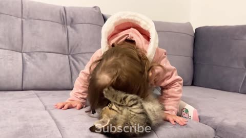 Cute Baby Meets New Baby Kitten for the First Time!