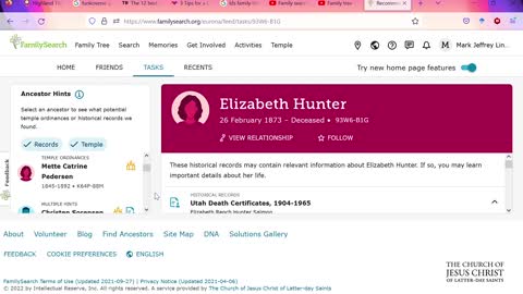 Find Ancestor Ordinances using HInts and Tasks in FamilySearch