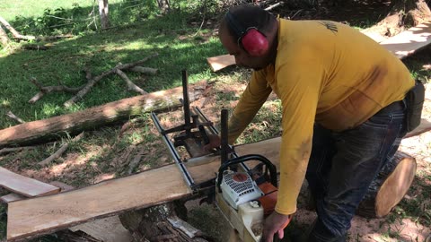 Rajando una tuca de Cedro Amargo para hacer táblas para la mueblería de Don Fabio Flores