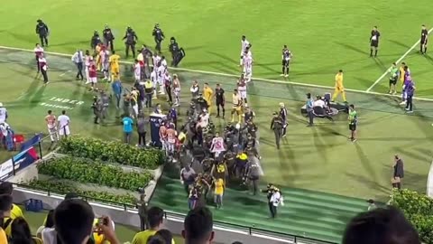 Momento en que la policía sacó a los hinchas que se metieron a la cancha del estadio Alfonso López.