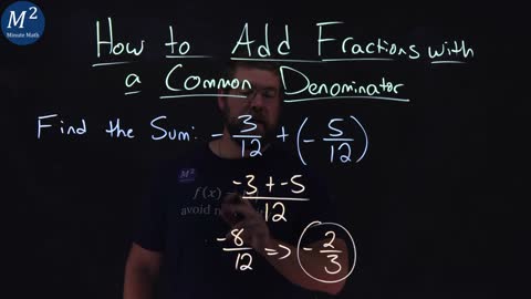 How to Add Fractions with a Common Denominator | -3/12+(-5/12) | Part 5 of 5 | Minute Math