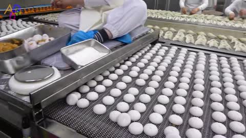 Process of making dumplings by 170 employees. South Korean dumpling factory