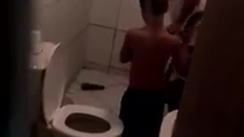 Boys are Scared of Bathroom Cockroach