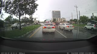 Car Causes Collision on Rainy Day