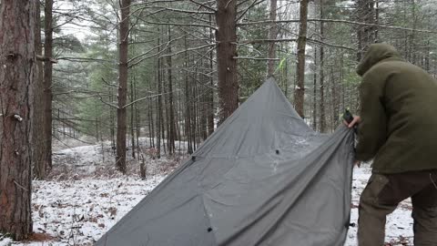 Winter Tarp Shelter Camping in a Snow Storm - Chicken Campfire Cooking - Solo Backcountry Bushcraft