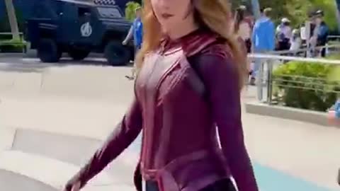 Meeting scarlet witch at Avengers Campus inside