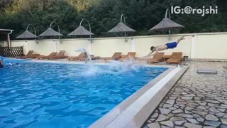 Three guys dive second guy trips and falls into water slow motion