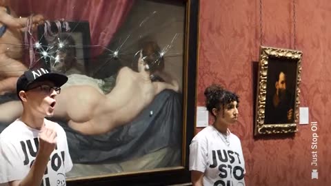 Oil protestors smashed the glass by hammering on a painting in London's National Gallery.