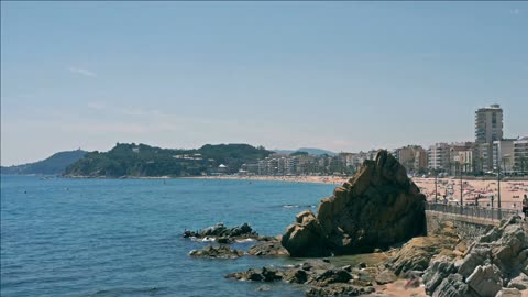 view of the modern lloret del mar from beach catalonia spain