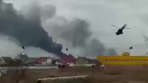 A video of Russian Mi-8 helicopters bombing Antonov International Airport