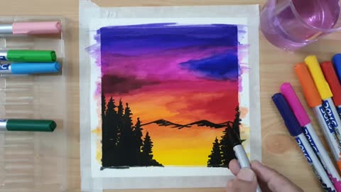 Sunset drawing with brush pen, Very easy 
