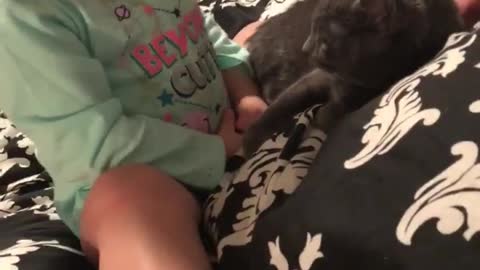 Baby girl hugs her newly rescued kitten