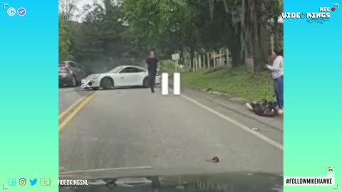 Cyclist going down hill got hit by a crashing sports car