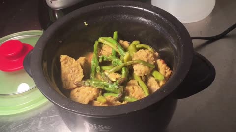 Meatballs Asparagus Garlic And Turmeric Cooked In Mini Rice Cooker