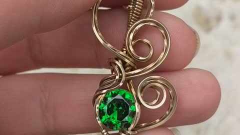 Green CZ and Jeweler Brass Wire Wrap Necklace